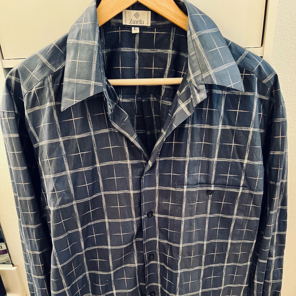 Zanella Mens Blue/White Patterned Long Sleeve Shirt (US M) Runs Large.